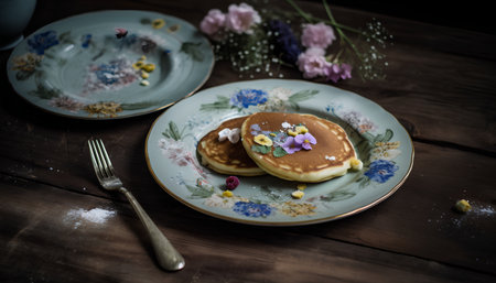 Homemade pancakes with flowers on a wooden background. Toned.の素材