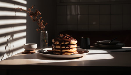 Pancakes with chocolate syrup on a white plate on a wooden tableの素材