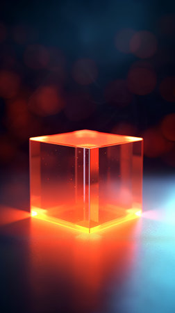 3d illustration of empty glass cube on dark background with bokeh effectの素材