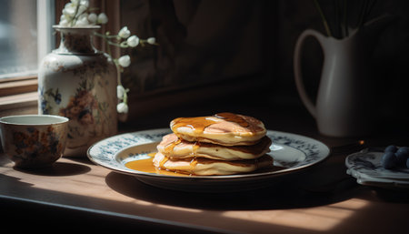A stack of pancakes with maple syrup on a plate on the windowsill.の素材
