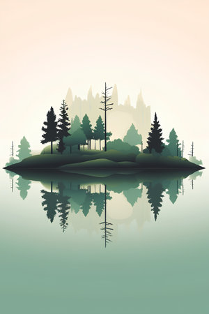 Pine forest and lake with reflection in water. Vector illustration.の素材