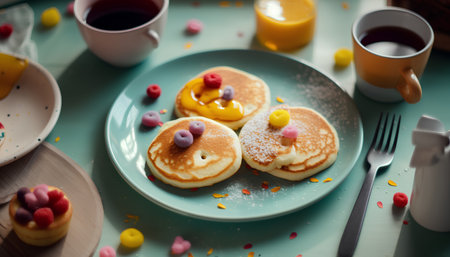 Pancakes with berries and cup of tea on a blue backgroundの素材