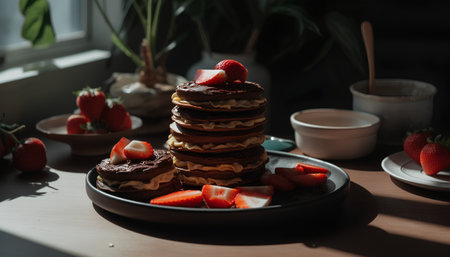 Stack of pancakes with strawberries and chocolate on a plate on a wooden tableの素材