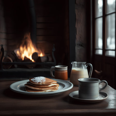 Pancakes with honey and milk on a wooden table in front of the fireplaceの素材
