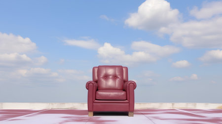 Red leather armchair against blue sky with clouds. 3d renderの素材