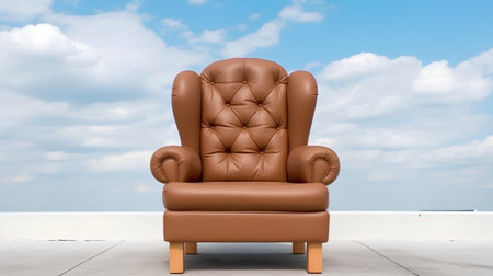 brown leather armchair on the balcony with blue sky and clouds backgroundの素材