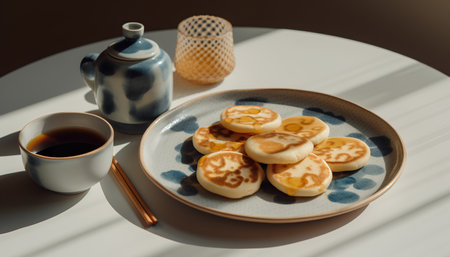 A cup of coffee and a plate with cookies on the table in the sunlightの素材