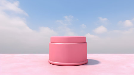 3D rendering of a pink cylinder on a blue sky background.の素材