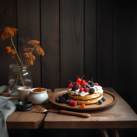 Pancakes with fresh berries and coffee on a wooden background.の素材