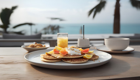 Healthy breakfast with pancakes and orange juice on a table by the seaの素材