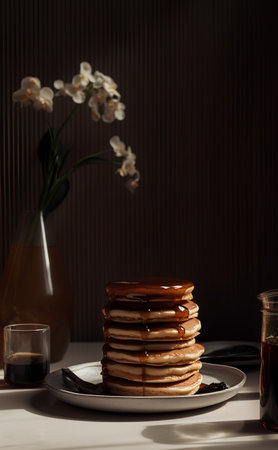 Stack of pancakes with maple syrup on a wooden background. Breakfast.の素材