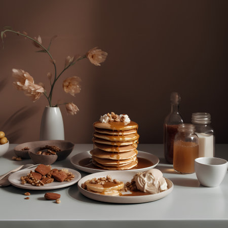 Pancakes with caramel and nuts on a white table in a modern kitchenの素材