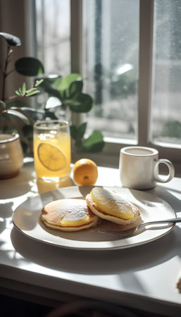 Pancakes on a plate with a cup of coffee and lemonの素材
