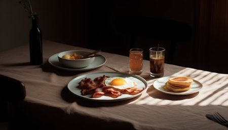 Breakfast with bacon, eggs, pancakes and juice in a dark roomの素材