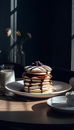 Stack of pancakes with berry jam and cup of milk on wooden tableの素材