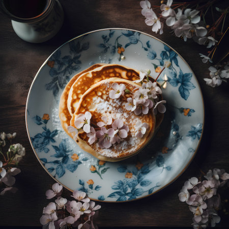 Pancakes with cherry blossoms and cup of tea on wooden tableの素材