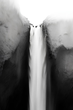 Black and white image of a waterfall in Iceland, taken in the winter.の素材