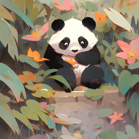Illustration of a cute panda on a background of leaves.の素材