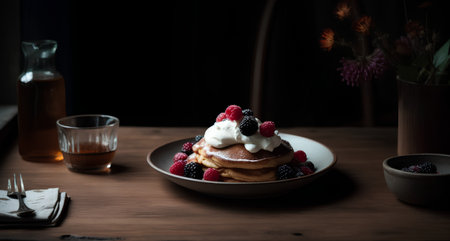 Pancakes with berries on a wooden table. Selective focus.の素材