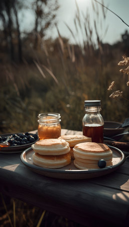 Pancakes with honey and berries on a wooden table in the fieldの素材