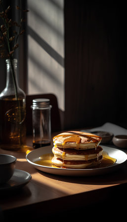 Stack of pancakes with honey and maple syrup on a wooden table.の素材