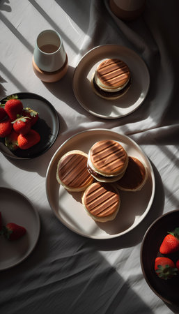 top view of delicious pancakes with chocolate and strawberries on plates in sunlightの素材