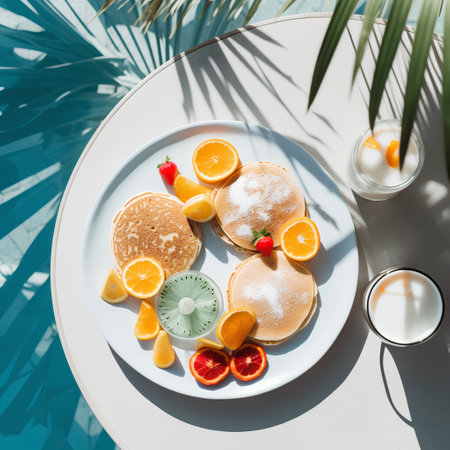 top view of tasty pancakes with fruits on plate on table with palm leavesの素材