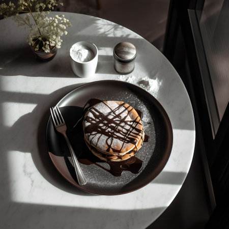 Pancakes with chocolate on a black plate in a cafe.の素材