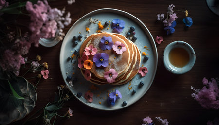 Pancakes with flowers on a wooden background. Toned.の素材
