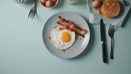 Breakfast with fried egg and bacon on blue background, top viewの素材