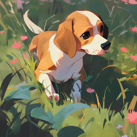 Cute beagle dog sitting in the grass. Digital painting.の素材