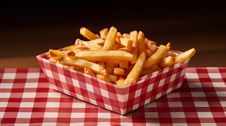French fries in a paper box on a wooden background. Selective focus.の素材