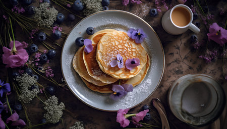 Pancakes with blueberries, a cup of coffee and flowersの素材