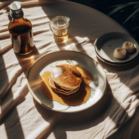 Pancakes with honey on a white plate on a table in sunlightの素材