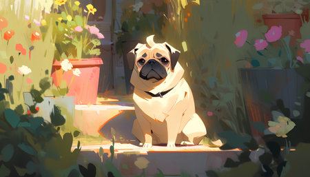 Pug dog in the garden. Digital painting. Vector illustration.の素材