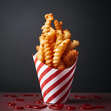 Golden French fries in red and white striped paper box on dark backgroundの素材