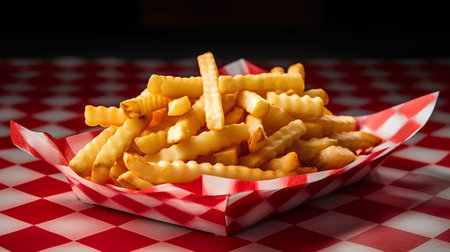 French fries in a red box on a checkered tableclothの素材