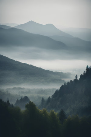 Foggy morning in the Carpathian mountains. Toned.の素材