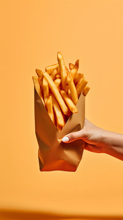 cropped view of woman holding french fries in paper bag isolated on orangeの素材