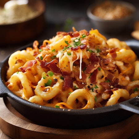 Fried pasta with bacon and cheese in a cast-iron skilletの素材