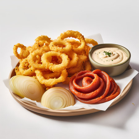 Deep fried onion rings with mayonnaise on a plate, squareの素材
