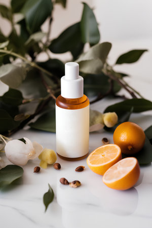 Natural organic cosmetics with lemon, orange and green leaves on white backgroundの素材