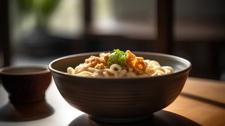 Japanese ramen noodle in a bowl on a wooden table.の素材
