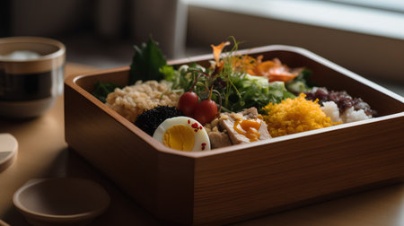 Buddha bowl with rice, egg and vegetables in wooden boxの素材
