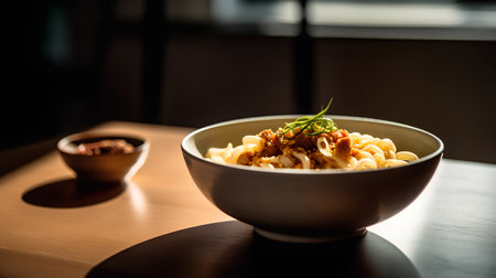 Bowl of tasty pasta on the table. Selective focus.の素材