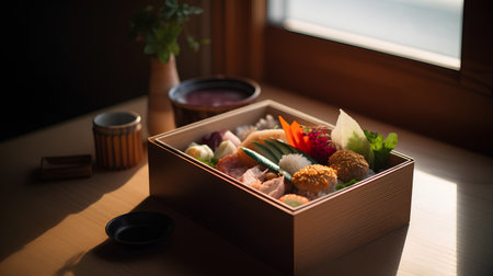 japanese food in a wooden box on the windowsill.の素材