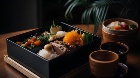 Japanese food in a box on a wooden table, close-upの素材