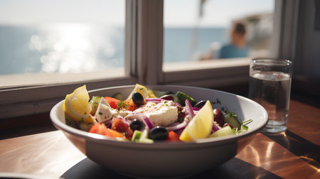 Greek salad with fresh vegetables and feta cheese on the background of the seaの素材