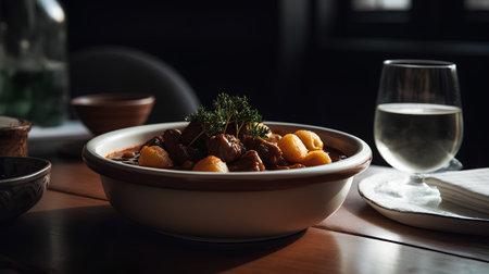 Beef Bourguignon with potatoes served in a white bowlの素材