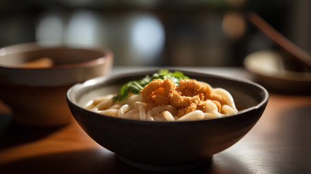 Rice noodles in a bowl with chopsticks on a wooden tableの素材